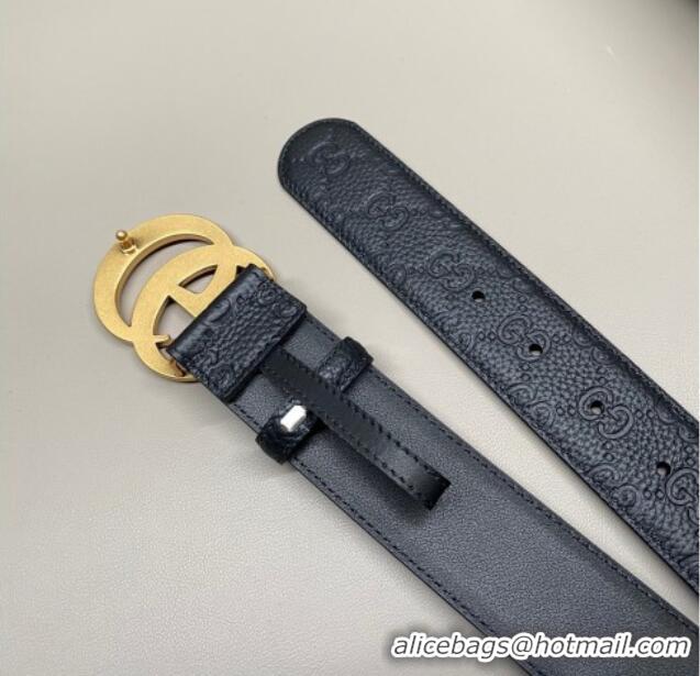 Buy Cheap Gucci GG Embossed Grained Leather Belt 4cm with GG Buckle GG010902 Black/Aged Gold 2025