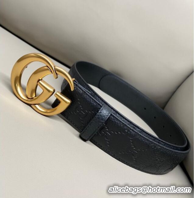 Buy Cheap Gucci GG Embossed Grained Leather Belt 4cm with GG Buckle GG010902 Black/Aged Gold 2025