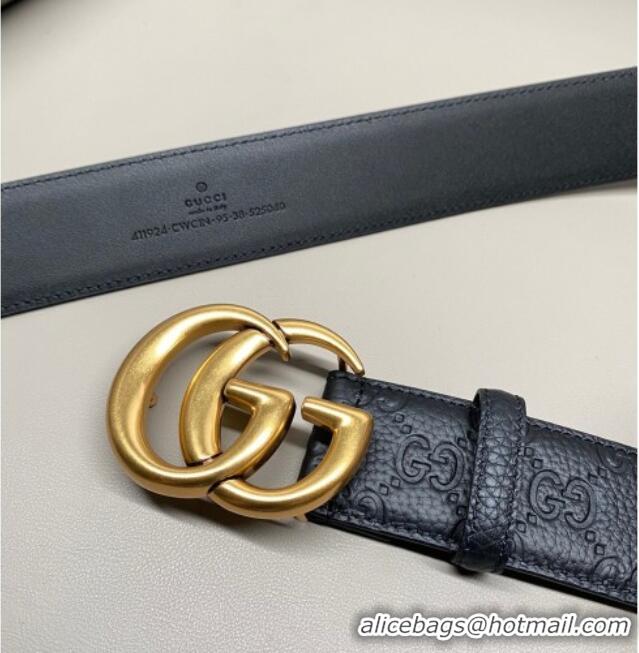 Buy Cheap Gucci GG Embossed Grained Leather Belt 4cm with GG Buckle GG010902 Black/Aged Gold 2025