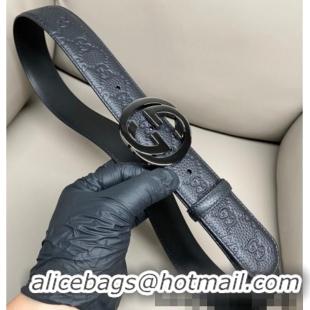 Top Design Gucci GG Embossed Grained Leather Belt 4cm with Interlocking G Buckle GG010902 Black/Gunmetal 2025