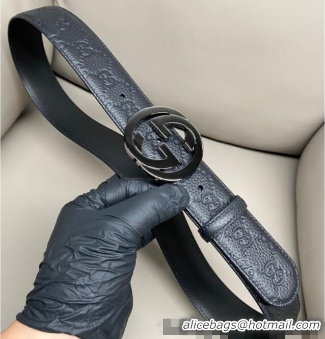 Top Design Gucci GG Embossed Grained Leather Belt 4cm with Interlocking G Buckle GG010902 Black/Gunmetal 2025