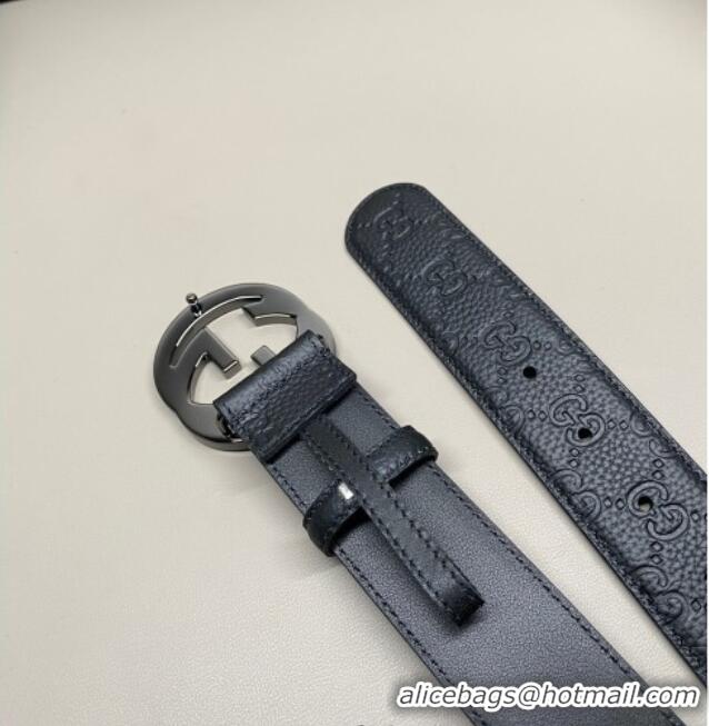 Top Design Gucci GG Embossed Grained Leather Belt 4cm with Interlocking G Buckle GG010902 Black/Gunmetal 2025