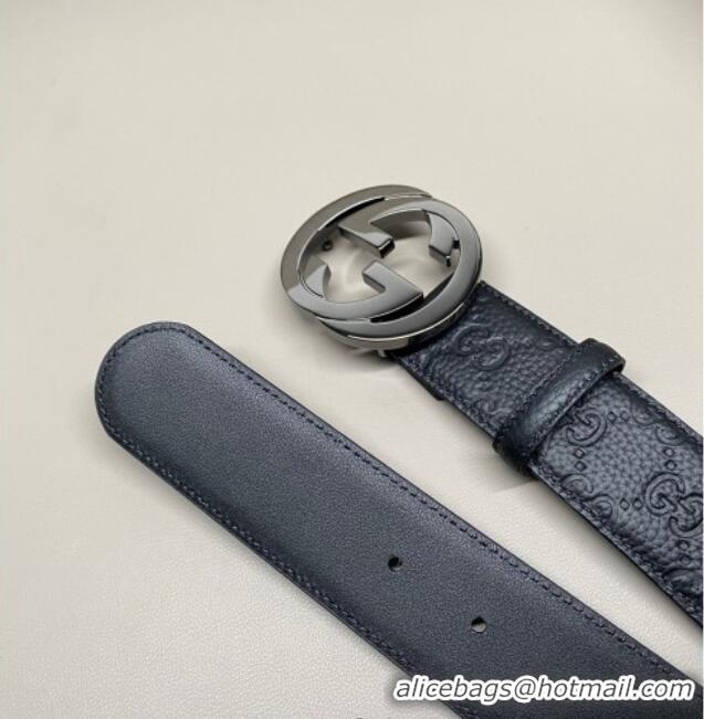 Top Design Gucci GG Embossed Grained Leather Belt 4cm with Interlocking G Buckle GG010902 Black/Gunmetal 2025