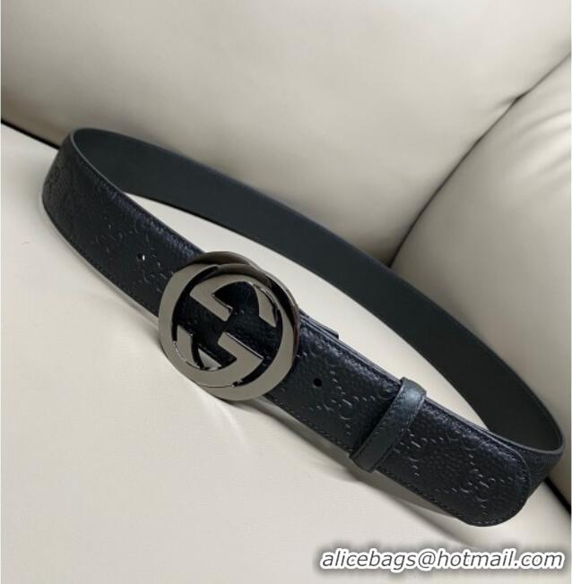 Top Design Gucci GG Embossed Grained Leather Belt 4cm with Interlocking G Buckle GG010902 Black/Gunmetal 2025