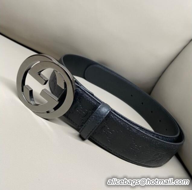 Top Design Gucci GG Embossed Grained Leather Belt 4cm with Interlocking G Buckle GG010902 Black/Gunmetal 2025