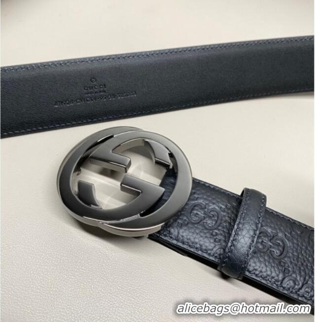 Top Design Gucci GG Embossed Grained Leather Belt 4cm with Interlocking G Buckle GG010902 Black/Gunmetal 2025