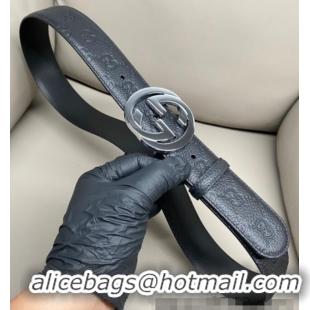 Discount Gucci GG Embossed Grained Leather Belt 4cm with Interlocking G Buckle GG010902 Black/Silver 2025