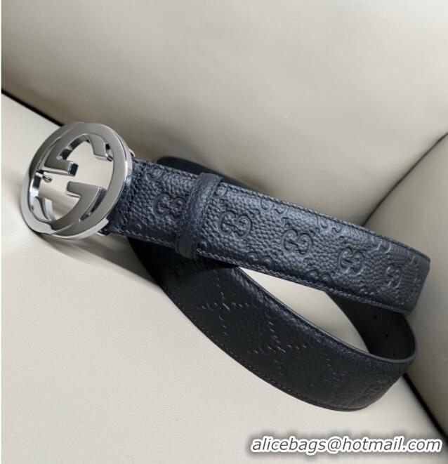 Discount Gucci GG Embossed Grained Leather Belt 4cm with Interlocking G Buckle GG010902 Black/Silver 2025