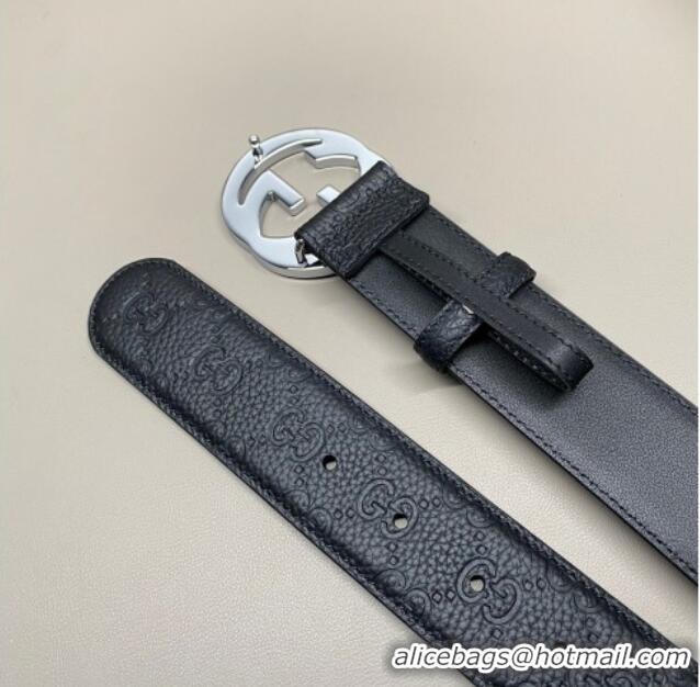 Discount Gucci GG Embossed Grained Leather Belt 4cm with Interlocking G Buckle GG010902 Black/Silver 2025