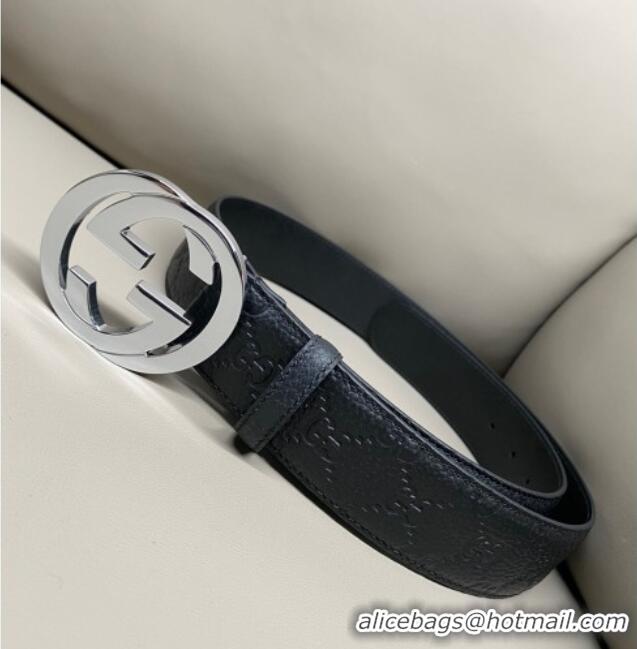 Discount Gucci GG Embossed Grained Leather Belt 4cm with Interlocking G Buckle GG010902 Black/Silver 2025