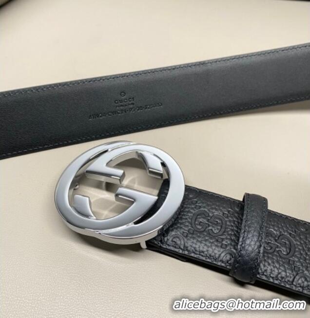 Discount Gucci GG Embossed Grained Leather Belt 4cm with Interlocking G Buckle GG010902 Black/Silver 2025