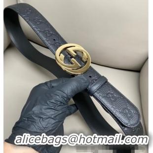 Inexpensive Gucci GG Embossed Grained Leather Belt 4cm with Interlocking G Buckle GG010902 Black/Gold 2025