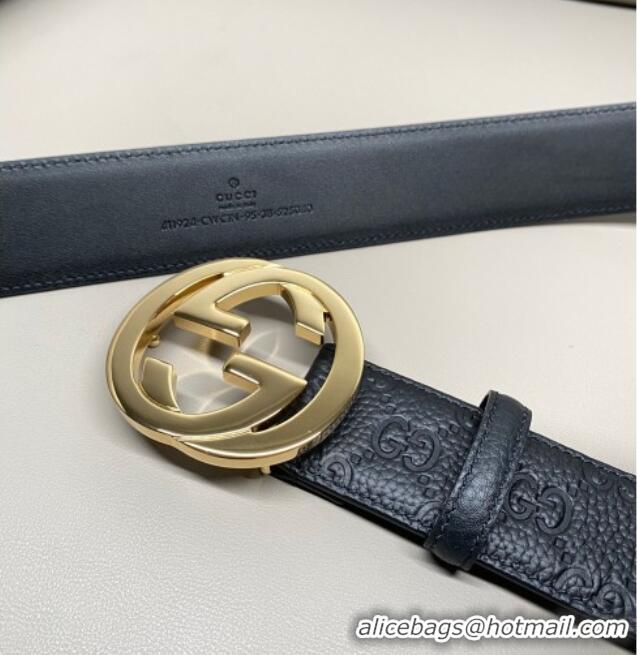 Inexpensive Gucci GG Embossed Grained Leather Belt 4cm with Interlocking G Buckle GG010902 Black/Gold 2025