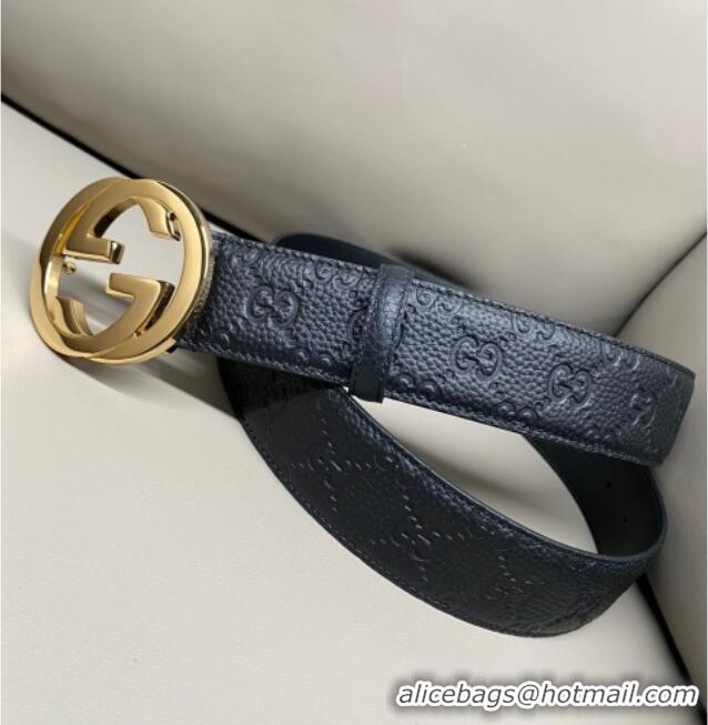 Inexpensive Gucci GG Embossed Grained Leather Belt 4cm with Interlocking G Buckle GG010902 Black/Gold 2025