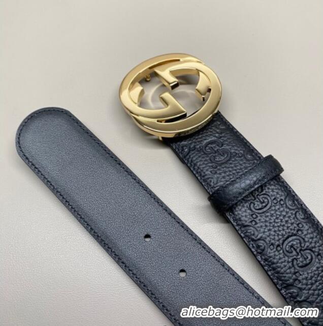 Inexpensive Gucci GG Embossed Grained Leather Belt 4cm with Interlocking G Buckle GG010902 Black/Gold 2025