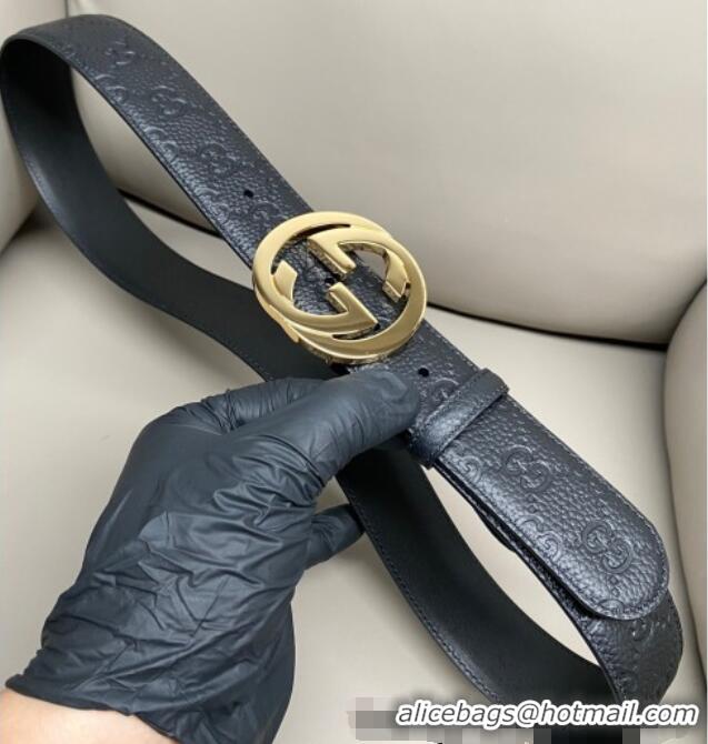 Inexpensive Gucci GG Embossed Grained Leather Belt 4cm with Interlocking G Buckle GG010902 Black/Gold 2025