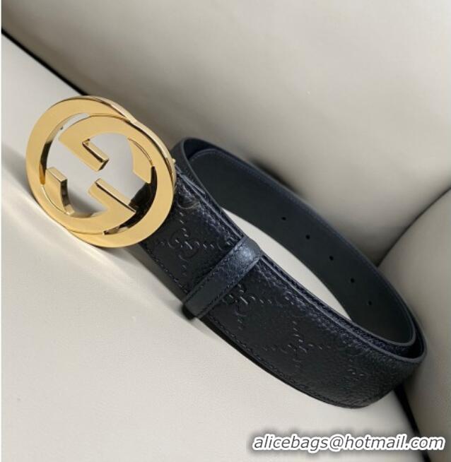 Inexpensive Gucci GG Embossed Grained Leather Belt 4cm with Interlocking G Buckle GG010902 Black/Gold 2025