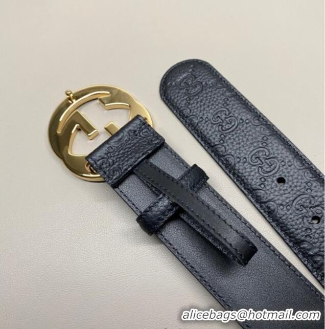 Inexpensive Gucci GG Embossed Grained Leather Belt 4cm with Interlocking G Buckle GG010902 Black/Gold 2025