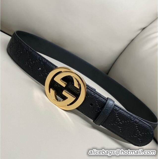 Inexpensive Gucci GG Embossed Grained Leather Belt 4cm with Interlocking G Buckle GG010902 Black/Gold 2025