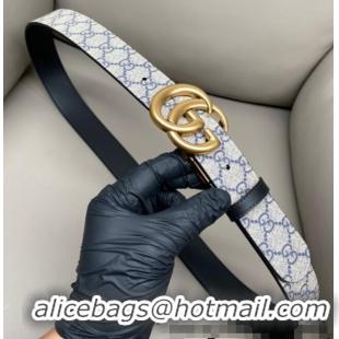 Big Discount Gucci GG Canvas and Leather Reversible Belt 3.7cm with Aged Gold GG Buckle GG010903 Blue/Beige/Black 2025