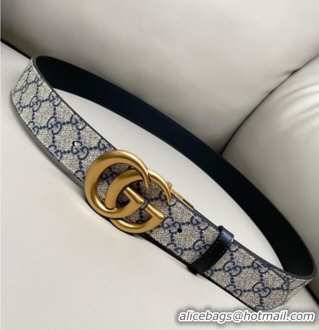 Big Discount Gucci GG Canvas and Leather Reversible Belt 3.7cm with Aged Gold GG Buckle GG010903 Blue/Beige/Black 2025