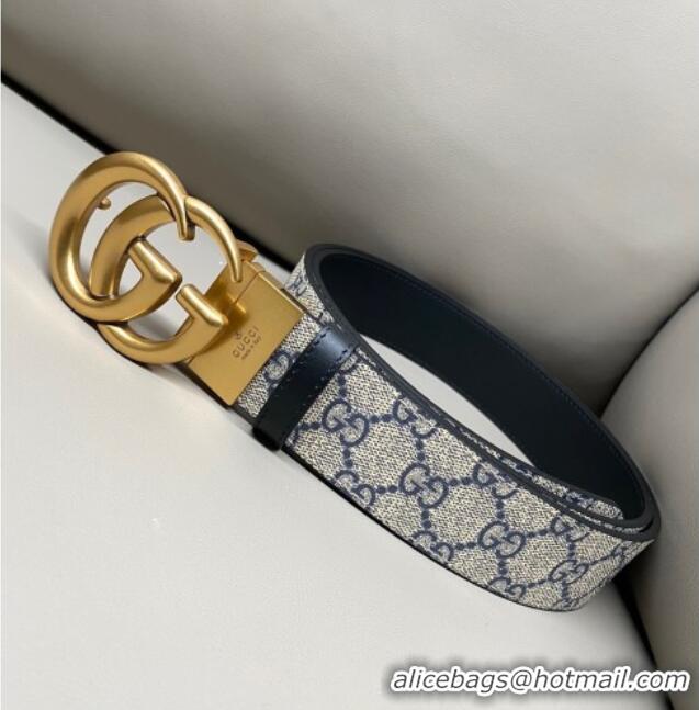 Big Discount Gucci GG Canvas and Leather Reversible Belt 3.7cm with Aged Gold GG Buckle GG010903 Blue/Beige/Black 2025