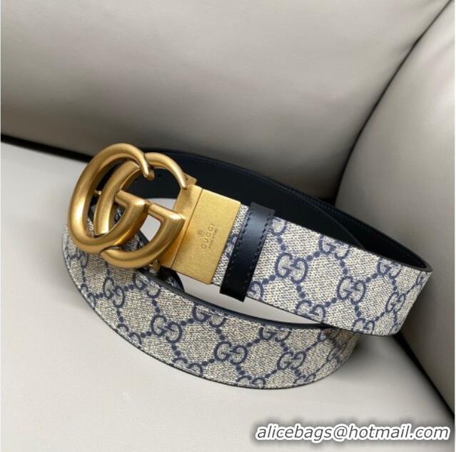 Big Discount Gucci GG Canvas and Leather Reversible Belt 3.7cm with Aged Gold GG Buckle GG010903 Blue/Beige/Black 2025
