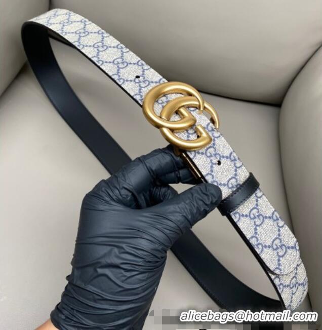 Big Discount Gucci GG Canvas and Leather Reversible Belt 3.7cm with Aged Gold GG Buckle GG010903 Blue/Beige/Black 2025