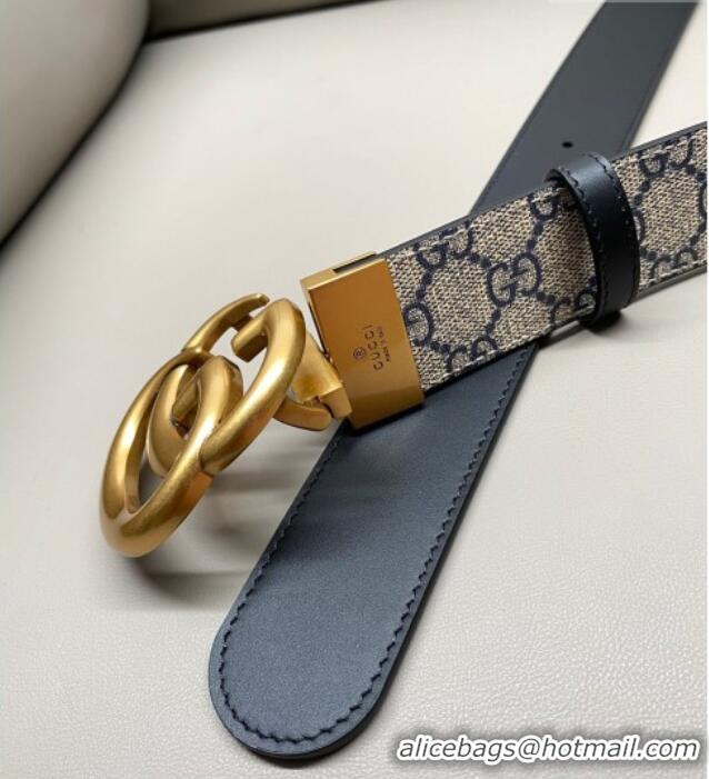 Big Discount Gucci GG Canvas and Leather Reversible Belt 3.7cm with Aged Gold GG Buckle GG010903 Blue/Beige/Black 2025