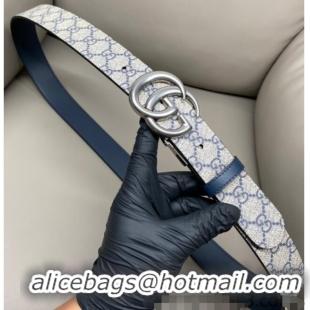 Promotional Gucci GG Canvas and Leather Reversible Belt 3.7cm with Aged Silver GG Buckle GG010903 Blue/Beige/Blue 2025