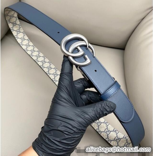Promotional Gucci GG Canvas and Leather Reversible Belt 3.7cm with Aged Silver GG Buckle GG010903 Blue/Beige/Blue 2025