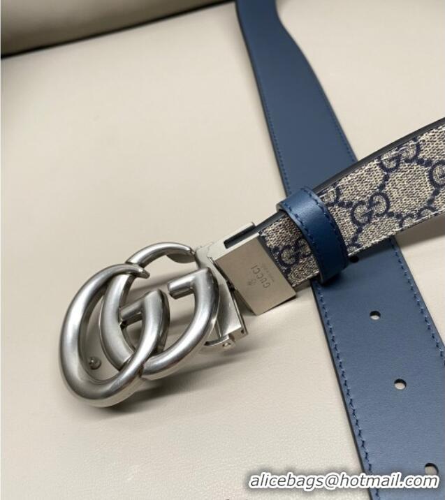 Promotional Gucci GG Canvas and Leather Reversible Belt 3.7cm with Aged Silver GG Buckle GG010903 Blue/Beige/Blue 2025
