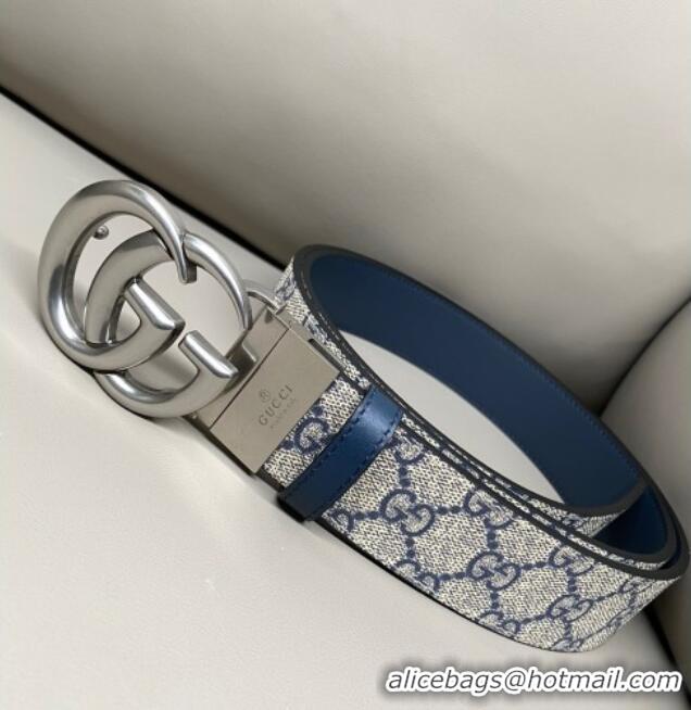 Promotional Gucci GG Canvas and Leather Reversible Belt 3.7cm with Aged Silver GG Buckle GG010903 Blue/Beige/Blue 2025