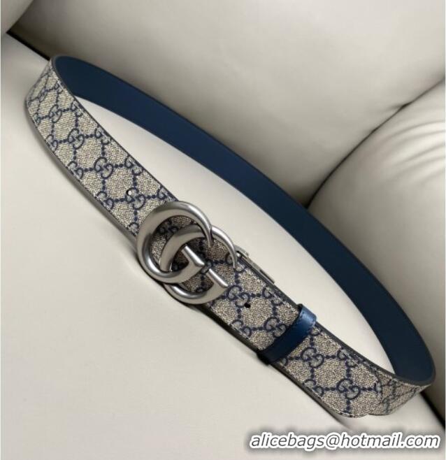 Promotional Gucci GG Canvas and Leather Reversible Belt 3.7cm with Aged Silver GG Buckle GG010903 Blue/Beige/Blue 2025