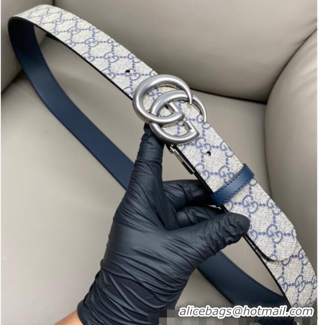 Promotional Gucci GG Canvas and Leather Reversible Belt 3.7cm with Aged Silver GG Buckle GG010903 Blue/Beige/Blue 2025