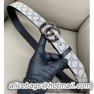 Best Quality Gucci GG Canvas and Leather Reversible Belt 3.7cm with Gunmetal GG Buckle GG010903 Blue/Beige/Black 2025