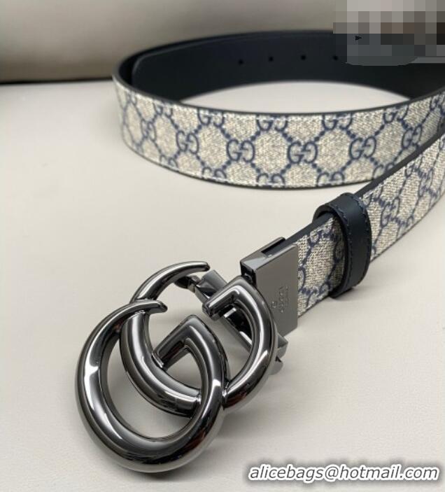 Best Quality Gucci GG Canvas and Leather Reversible Belt 3.7cm with Gunmetal GG Buckle GG010903 Blue/Beige/Black 2025