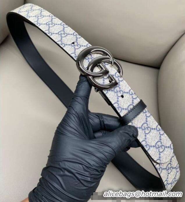 Best Quality Gucci GG Canvas and Leather Reversible Belt 3.7cm with Gunmetal GG Buckle GG010903 Blue/Beige/Black 2025