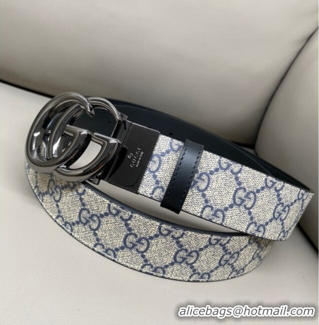 Best Quality Gucci GG Canvas and Leather Reversible Belt 3.7cm with Gunmetal GG Buckle GG010903 Blue/Beige/Black 2025