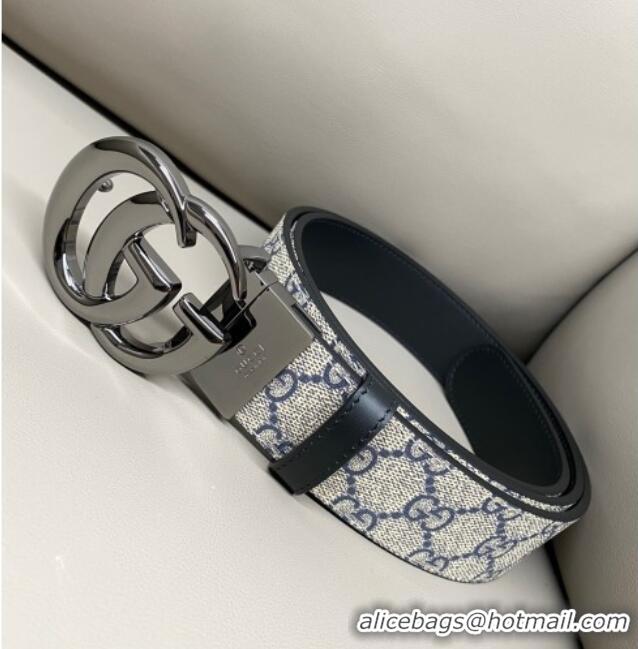 Best Quality Gucci GG Canvas and Leather Reversible Belt 3.7cm with Gunmetal GG Buckle GG010903 Blue/Beige/Black 2025