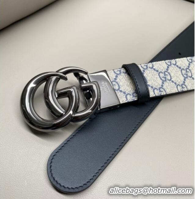 Best Quality Gucci GG Canvas and Leather Reversible Belt 3.7cm with Gunmetal GG Buckle GG010903 Blue/Beige/Black 2025