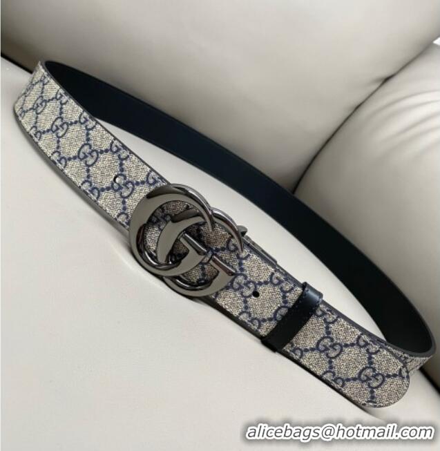 Best Quality Gucci GG Canvas and Leather Reversible Belt 3.7cm with Gunmetal GG Buckle GG010903 Blue/Beige/Black 2025
