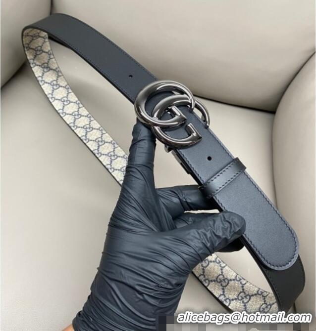 Best Quality Gucci GG Canvas and Leather Reversible Belt 3.7cm with Gunmetal GG Buckle GG010903 Blue/Beige/Black 2025