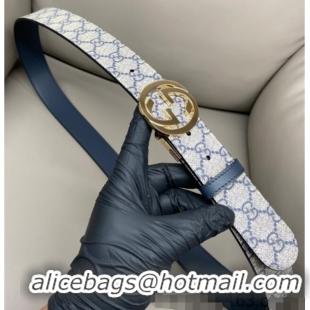 Low Cost Gucci GG Canvas and Leather Reversible Belt 3.7cm with Gold-Tone Interlocking G Buckle GG010903 Blue/Beige/Blue