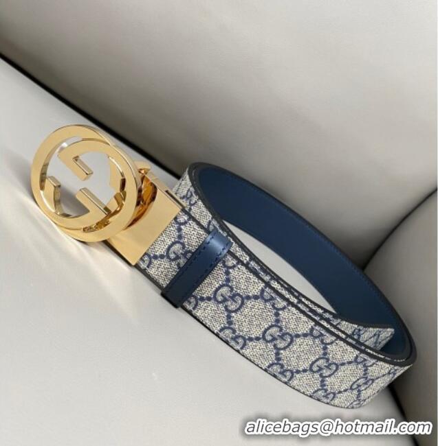 Low Cost Gucci GG Canvas and Leather Reversible Belt 3.7cm with Gold-Tone Interlocking G Buckle GG010903 Blue/Beige/Blue