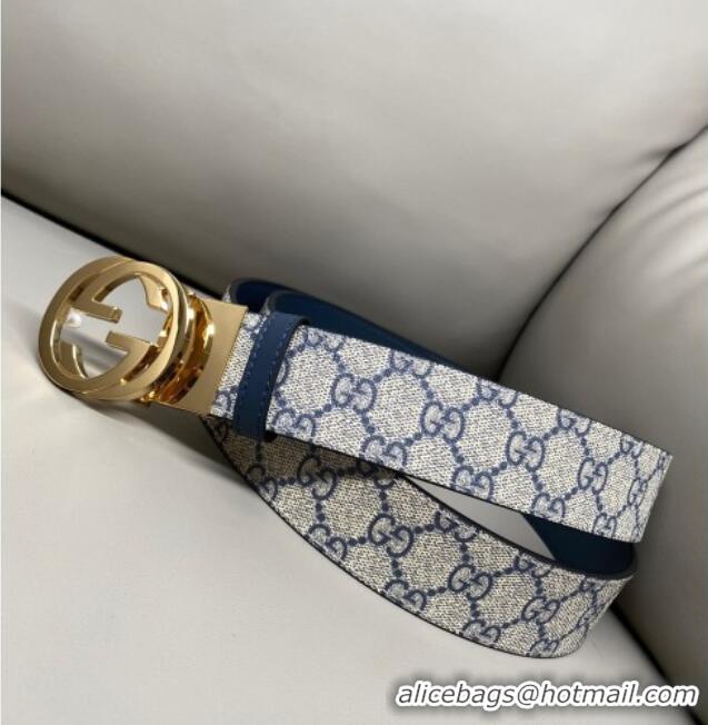 Low Cost Gucci GG Canvas and Leather Reversible Belt 3.7cm with Gold-Tone Interlocking G Buckle GG010903 Blue/Beige/Blue