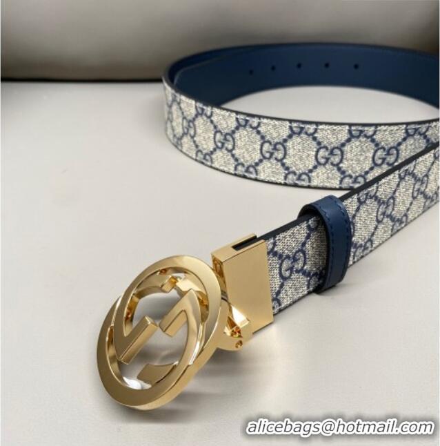 Low Cost Gucci GG Canvas and Leather Reversible Belt 3.7cm with Gold-Tone Interlocking G Buckle GG010903 Blue/Beige/Blue