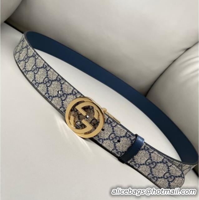 Low Cost Gucci GG Canvas and Leather Reversible Belt 3.7cm with Gold-Tone Interlocking G Buckle GG010903 Blue/Beige/Blue