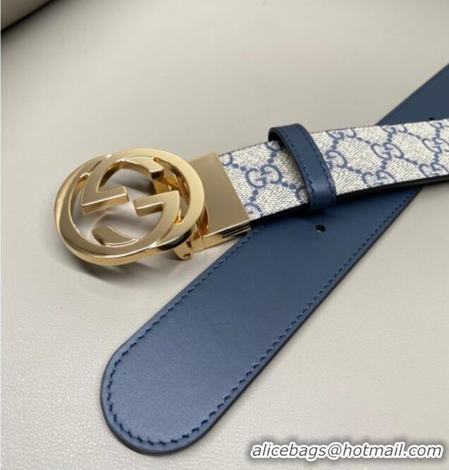 Low Cost Gucci GG Canvas and Leather Reversible Belt 3.7cm with Gold-Tone Interlocking G Buckle GG010903 Blue/Beige/Blue