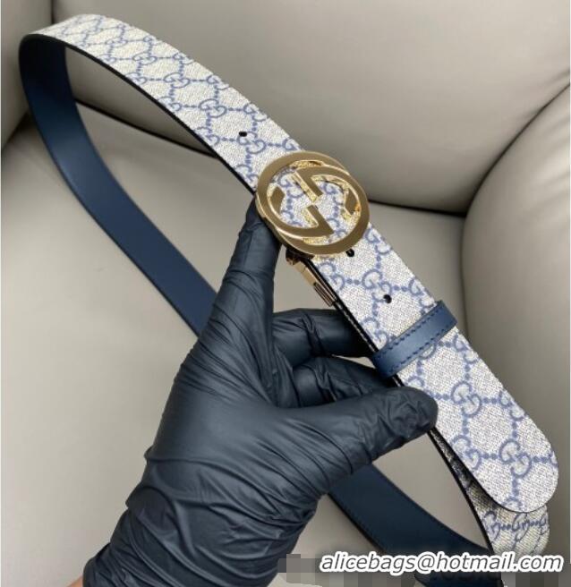 Low Cost Gucci GG Canvas and Leather Reversible Belt 3.7cm with Gold-Tone Interlocking G Buckle GG010903 Blue/Beige/Blue
